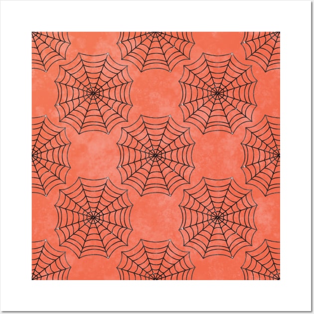Orange And Black Spider Webs Pattern Wall Art by teevisionshop